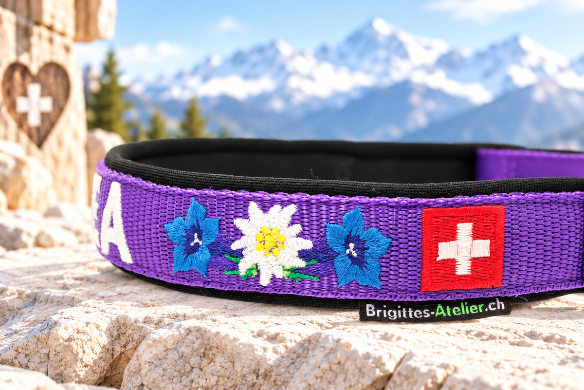 Halsband „Bergzauber“ – personalisiert & individuell / Preis inkl. Stickerei & Neopren-Polsterung (Basis: 2,5 cm Gurtband / ca. 3,5 cm Gesamtbreite). Weitere Optionen können den Endpreis verändern.