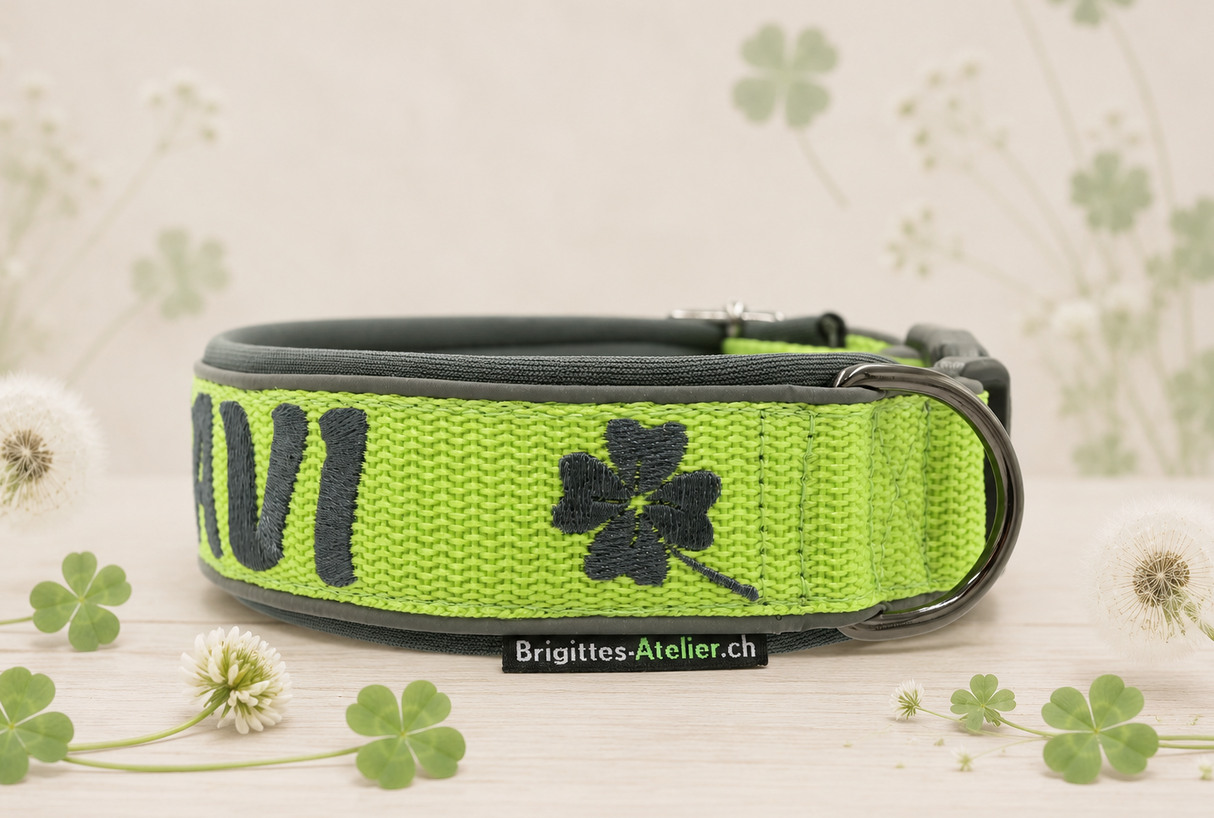 🍀 Halsband „Glücksklee“– personalisiert & individuell / Preis inkl. Stickerei & Neopren-Polsterung (Basis: 2,5 cm Gurtband / ca. 3,5 cm Gesamtbreite). Weitere Optionen können den Endpreis verändern.