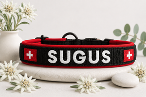 Halsband „schwiizer Powerpfoten“ – personalisiert & individuell / Preis inkl. Stickerei & Neopren-Polsterung (Basis: 2,5 cm Gurtband / ca. 3,5 cm Gesamtbreite). Weitere Optionen können den Endpreis verändern.