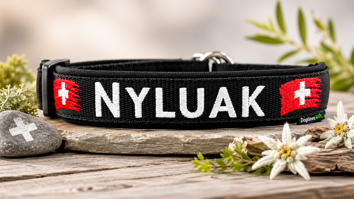 Halsband „schwiizer Herz“ – personalisiert & individuell / Preis inkl. Stickerei & Neopren-Polsterung (Basis: 2,5 cm Gurtband / ca. 3,5 cm Gesamtbreite). Weitere Optionen können den Endpreis verändern. (Kopie)