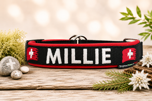 Halsband „schwiizer Herz“ – personalisiert & individuell / Preis inkl. Stickerei & Neopren-Polsterung (Basis: 2,5 cm Gurtband / ca. 3,5 cm Gesamtbreite). Weitere Optionen können den Endpreis verändern.